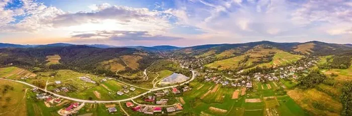 Framed Print : Aerial drone view of urban village Pidbuzh in Carpathians Framed Print : Aerial drone view of urban village Pidbuzh in Carpathians