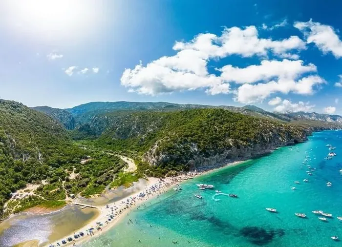 Framed Print : Aerial drone view of the vibrant Cala Luna Beach on Sardinia island, Italy