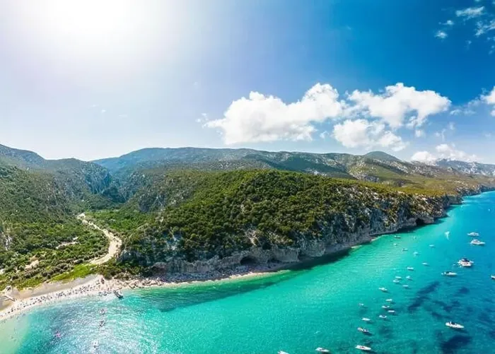 Framed Print : Aerial drone view of the vibrant Cala Luna Beach on Sardinia island, Italy Framed Print : Aerial drone view of the vibrant Cala Luna Beach on Sardinia island, Italy