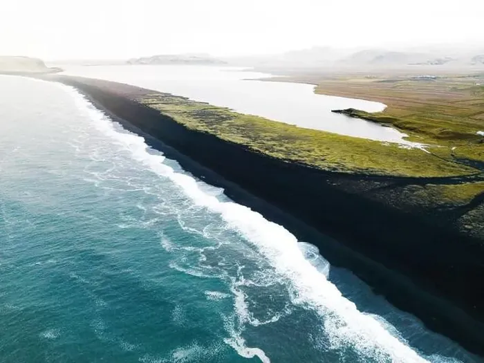 Framed Print : Aerial drone view of Volcanic black sand beach of Reynisfjara Framed Print : Aerial drone view of Volcanic black sand beach of Reynisfjara