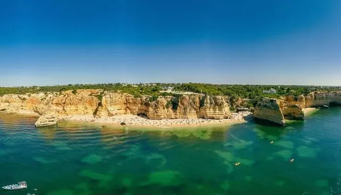 Framed Print : Aerial drone views of Praia da Marinha and Malhada do Baraco - beaches in Algarve, Portugal