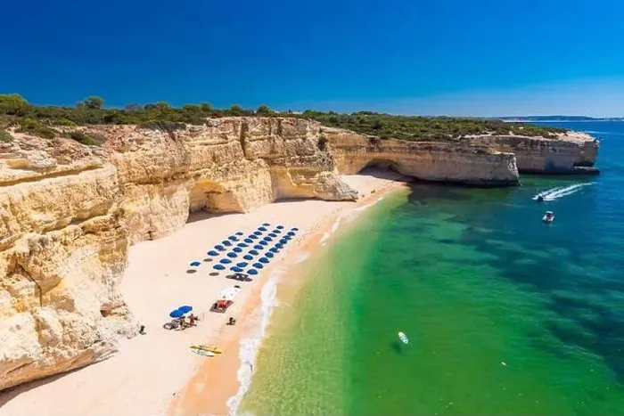 Framed Print : Aerial drone views of Praia da Marinha and Malhada do Baraco - beaches in Algarve, Portugal
