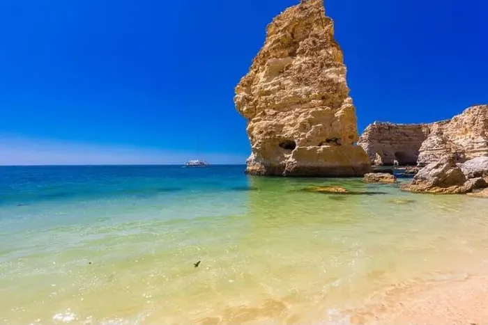 Framed Print : Aerial drone views of Praia da Marinha and Malhada do Baraco - beaches in Algarve, Portugal