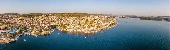 Framed Print : Aerial dronw view of sunset over the Sibenik city Framed Print : Aerial dronw view of sunset over the Sibenik city