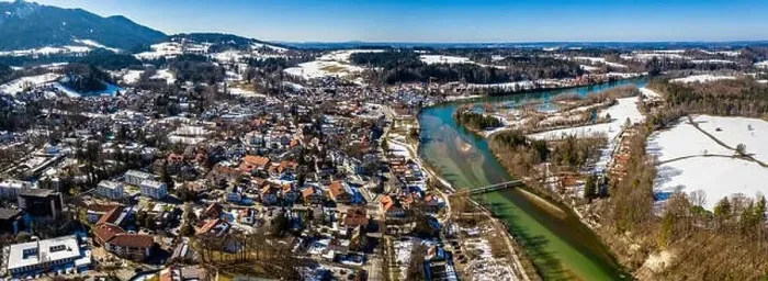 Framed Print : aerial famous old town of bad toelz february snow. Mountains Isar river alps bavaria germany