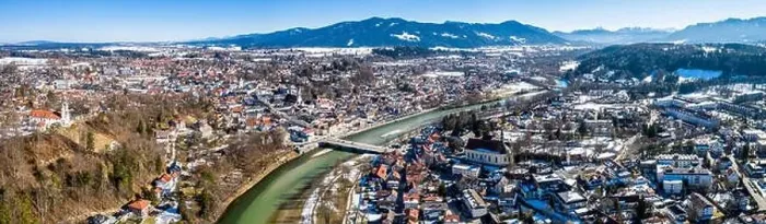 Framed Print : aerial famous old town of bad toelz february snow. Mountains Isar river alps bavaria germany