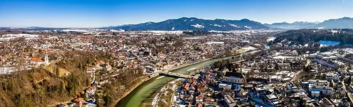 Framed Print : aerial famous old town of bad toelz february snow. Mountains Isar river alps bavaria germany