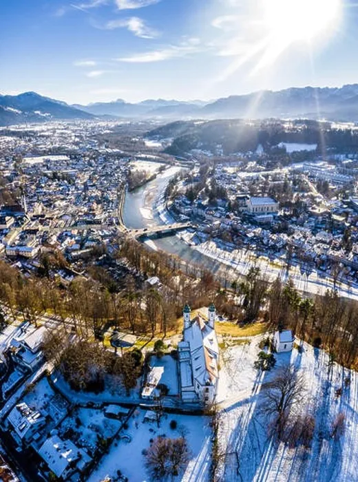 Framed Print : aerial famous old town of bad toelz kalvarienberg winter panoramic drone shot alps - bavaria - germany Framed Print : aerial famous old town of bad toelz kalvarienberg winter panoramic drone shot alps - bavaria - germany