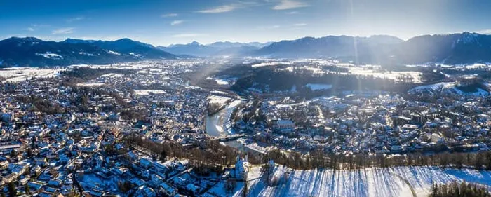 Framed Print : aerial famous old town of bad toelz kalvarienberg winter panoramic drone shot alps - bavaria - germany Framed Print : aerial famous old town of bad toelz kalvarienberg winter panoramic drone shot alps - bavaria - germany