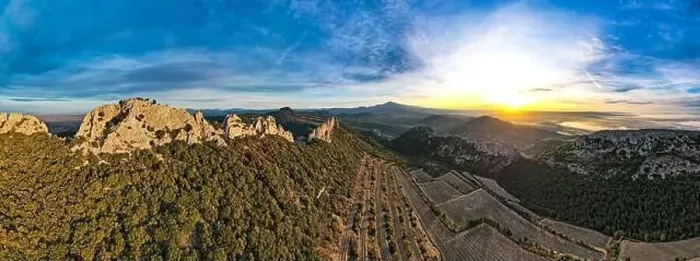 Framed Print : Aerial fly over the Dentelles de Montmirail during sunrise in Provence France Framed Print : Aerial fly over the Dentelles de Montmirail during sunrise in Provence France