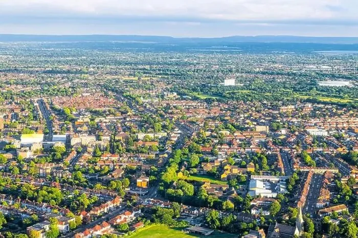Framed Print : Aerial high angle above view from airplane over city suburbs of London in United Kingdom with Twickenham neighborhood Framed Print : Aerial high angle above view from airplane over city suburbs of London in United Kingdom with Twickenham neighborhood