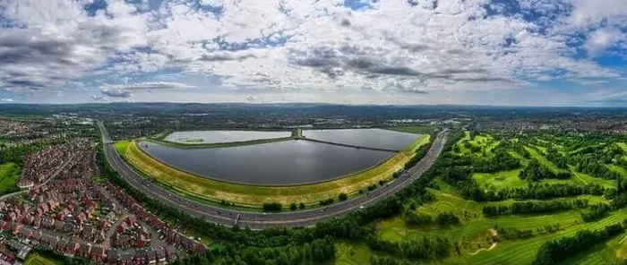 Framed Print : Aerial image of Audenshaw reservoirs and M60 Manchester outer ring road next to it Framed Print : Aerial image of Audenshaw reservoirs and M60 Manchester outer ring road next to it