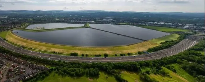 Framed Print : Aerial image of Audenshaw reservoirs and M60 Manchester outer ring road next to it Framed Print : Aerial image of Audenshaw reservoirs and M60 Manchester outer ring road next to it