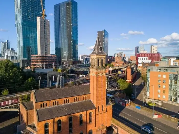 Framed Print : Aerial image over Castlefield Manchester showing Deansgate station and the city skyline Framed Print : Aerial image over Castlefield Manchester showing Deansgate station and the city skyline
