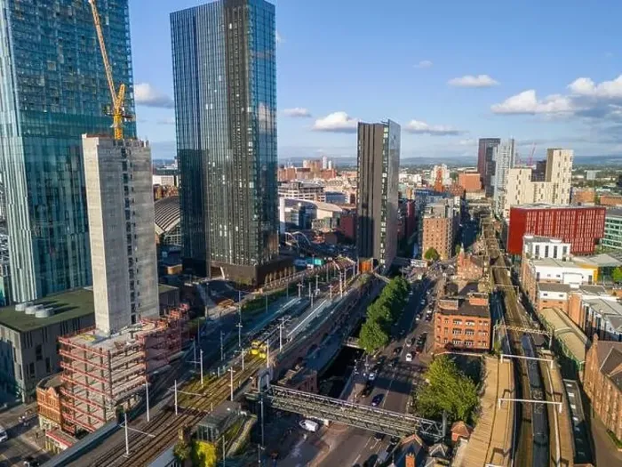 Framed Print : Aerial image over Castlefield Manchester showing Deansgate station and the city skyline Framed Print : Aerial image over Castlefield Manchester showing Deansgate station and the city skyline