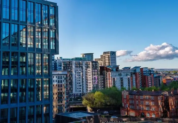 Framed Print : Aerial image of Green quarter, Manchester UK