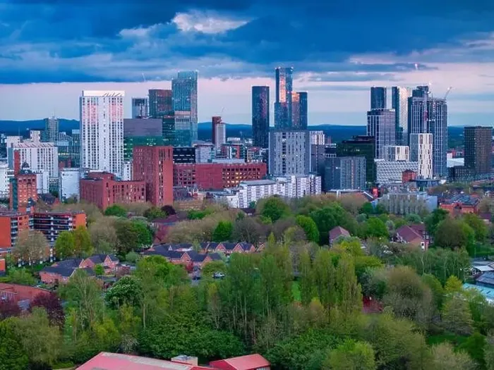 Framed Print : Aerial image of Manchester skyline at dusk Framed Print : Aerial image of Manchester skyline at dusk