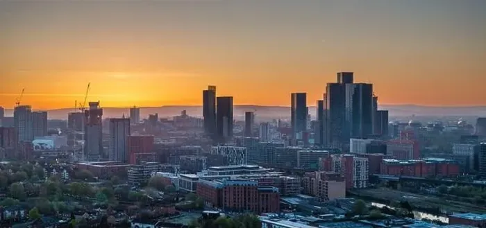 Framed Print : Aerial image of Manchester skyline at sunrise Framed Print : Aerial image of Manchester skyline at sunrise