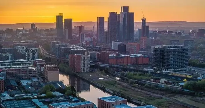Framed Print : Aerial image of Manchester skyline at sunrise Framed Print : Aerial image of Manchester skyline at sunrise