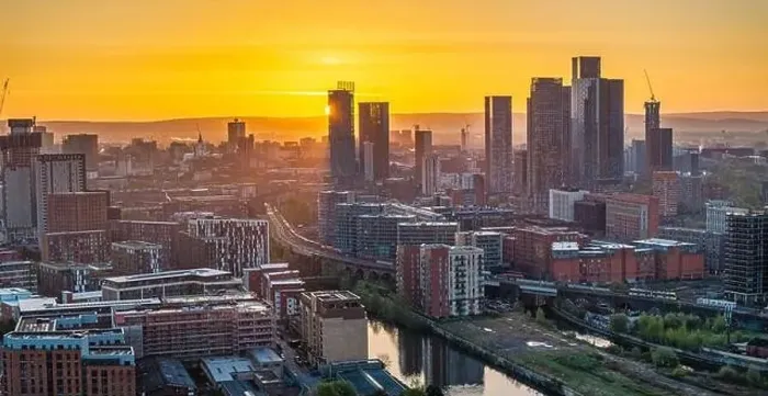 Framed Print : Aerial image of Manchester skyline at sunrise Framed Print : Aerial image of Manchester skyline at sunrise