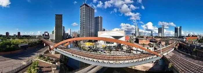 Framed Print : Aerial image of Ordsall Chord rail-bridge and the footbridge in Manchester UK Framed Print : Aerial image of Ordsall Chord rail-bridge and the footbridge in Manchester UK
