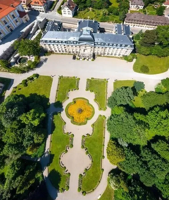 Framed Print : Aerial image of the Schloss Donaueschingen with a beautiful garden Framed Print : Aerial image of the Schloss Donaueschingen with a beautiful garden