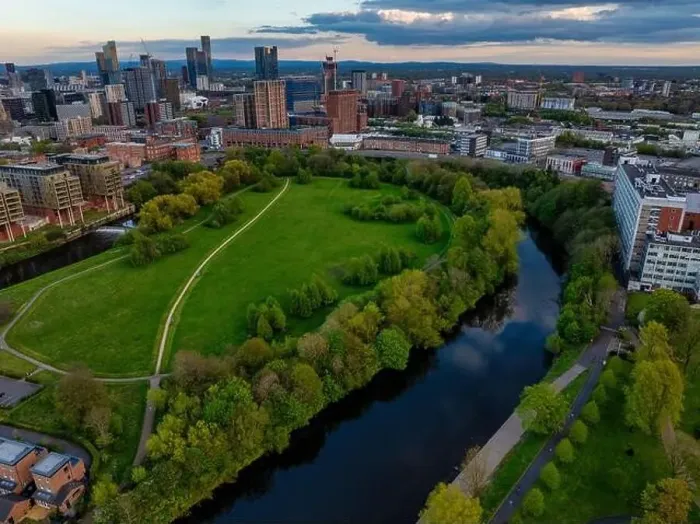 Framed Print : Aerial image taken above the river Irwell in Salford showing Manchester and Salford skyline Framed Print : Aerial image taken above the river Irwell in Salford showing Manchester and Salford skyline