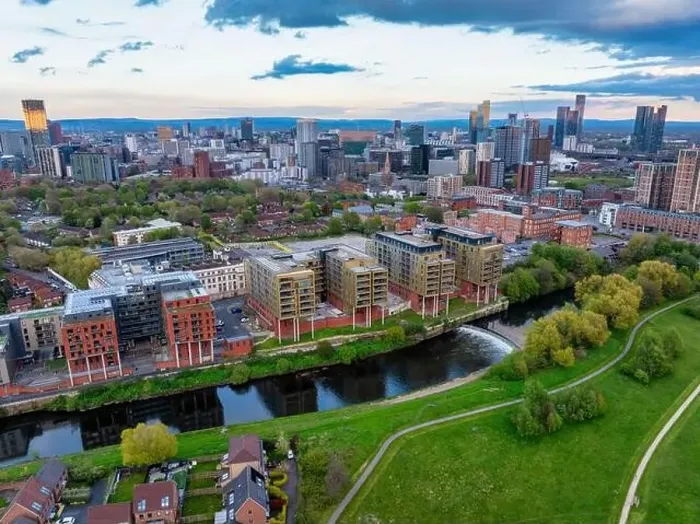 Framed Print : Aerial image taken above the river Irwell in Salford showing Manchester and Salford skyline Framed Print : Aerial image taken above the river Irwell in Salford showing Manchester and Salford skyline