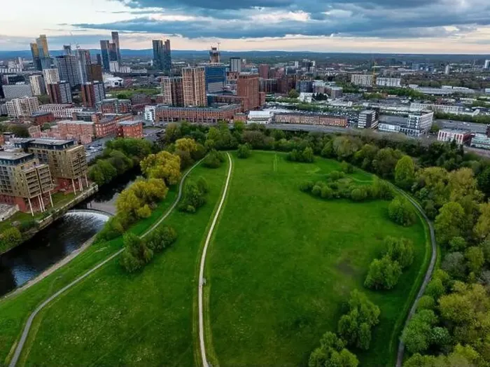 Framed Print : Aerial image taken above the river Irwell in Salford showing Manchester and Salford skyline Framed Print : Aerial image taken above the river Irwell in Salford showing Manchester and Salford skyline