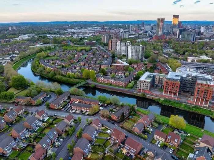Framed Print : Aerial image taken above the river Irwell in Salford showing Manchester and Salford skyline Framed Print : Aerial image taken above the river Irwell in Salford showing Manchester and Salford skyline