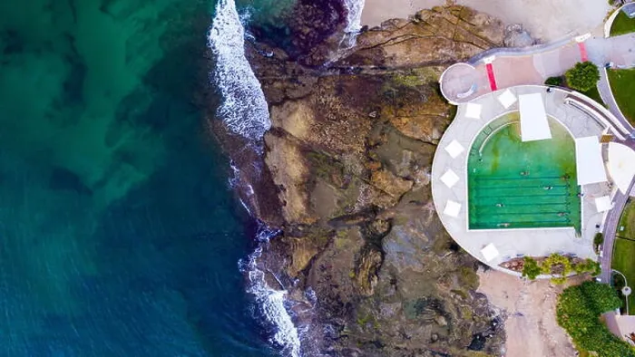 Framed Print : Aerial images of Kings Beach, including the saltwater pool and ocean, in Queensland, Australia Framed Print : Aerial images of Kings Beach, including the saltwater pool and ocean, in Queensland, Australia