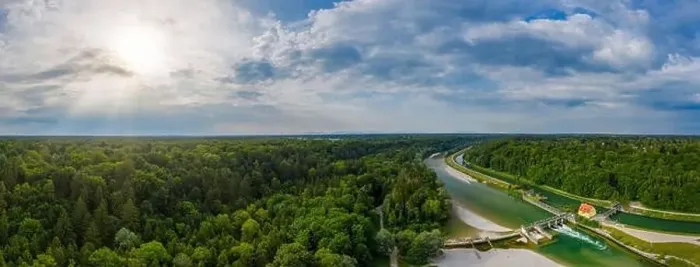 Framed Print : An aerial of the Isar river in the South of Munich, sun is shining Framed Print : An aerial of the Isar river in the South of Munich, sun is shining