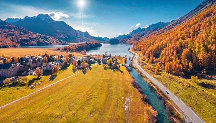 Framed Print : Aerial landscape photography. Attractive autumn view from flying drone of Sils lake Framed Print : Aerial landscape photography. Attractive autumn view from flying drone of Sils lake