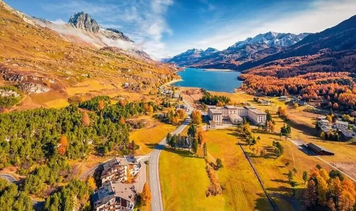 Framed Print : Aerial landscape photography. Breathtaking autumn view from flying drone of Maloja village Framed Print : Aerial landscape photography. Breathtaking autumn view from flying drone of Maloja village