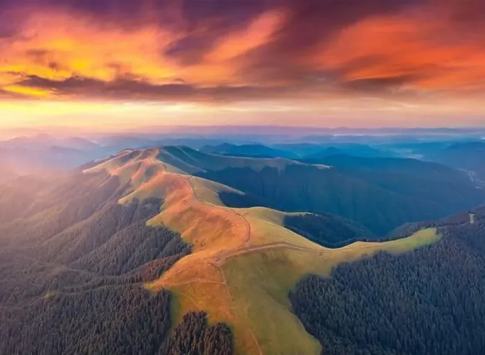 Framed Print : Aerial landscape photography. Breathtaking summer sunrise on Menchul ridge Framed Print : Aerial landscape photography. Breathtaking summer sunrise on Menchul ridge