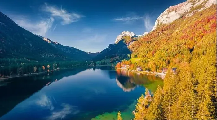 Framed Print : Aerial landscape photography. Colorful morning view from flying drone of Hintersee lake Framed Print : Aerial landscape photography. Colorful morning view from flying drone of Hintersee lake