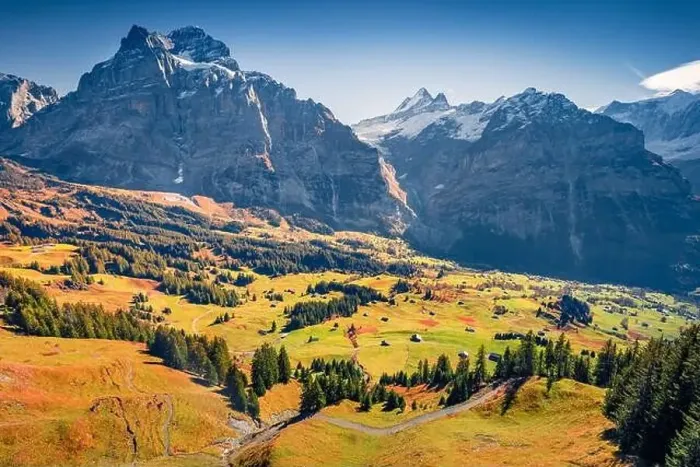 Framed Print : Aerial landscape photography. Colorful morning view of Grindelwald village valley from cableway Framed Print : Aerial landscape photography. Colorful morning view of Grindelwald village valley from cableway