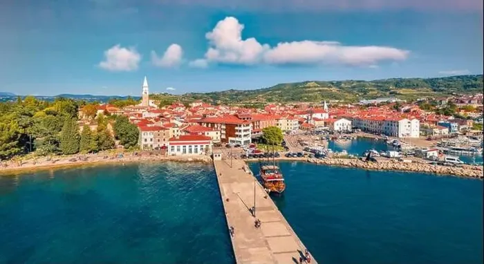 Framed Print : Aerial landscape photography. Colorful summer cityscape of Izola town Framed Print : Aerial landscape photography. Colorful summer cityscape of Izola town