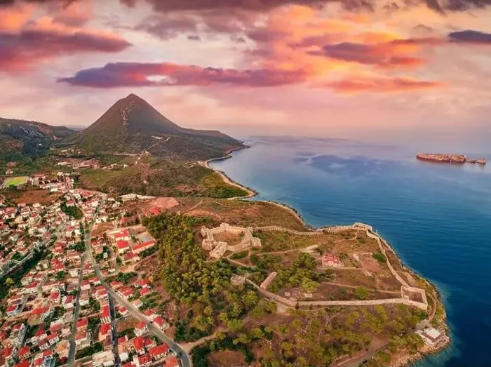 Framed Print : Aerial landscape photography. Colorful summer view from flying drone of Pylos Castle Framed Print : Aerial landscape photography. Colorful summer view from flying drone of Pylos Castle