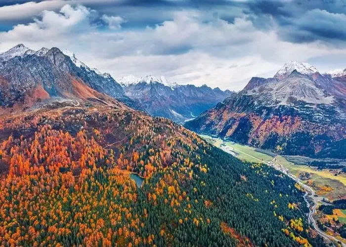 Framed Print : Aerial landscape photography. Dramatic autumn view from flying drone of Maloya pass Framed Print : Aerial landscape photography. Dramatic autumn view from flying drone of Maloya pass