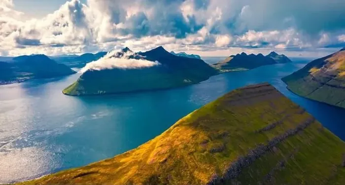 Framed Print : Aerial landscape photography. Dramatic evening view from flying drone Kalsoy island Framed Print : Aerial landscape photography. Dramatic evening view from flying drone Kalsoy island