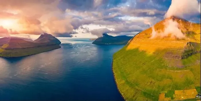 Framed Print : Aerial landscape photography. Dramatic summer view from flying drone of Kalsoy island Framed Print : Aerial landscape photography. Dramatic summer view from flying drone of Kalsoy island