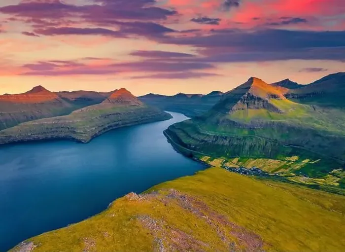 Framed Print : Aerial landscape photography. Great sunset on Faroese fjords in the outskirts of Funningur village Framed Print : Aerial landscape photography. Great sunset on Faroese fjords in the outskirts of Funningur village