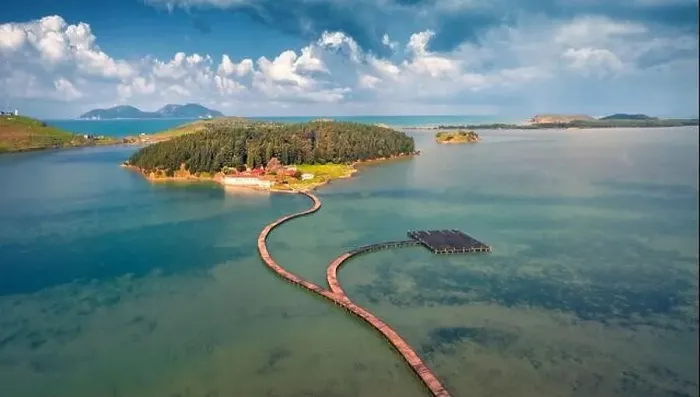 Framed Print : Aerial landscape photography. Picturesque morning view of St Mary's Monastery and wooden pier Framed Print : Aerial landscape photography. Picturesque morning view of St Mary's Monastery and wooden pier