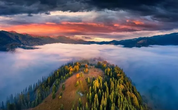 Framed Print : Aerial landscape photography. Sea of fog covered mountain valleys and hills Framed Print : Aerial landscape photography. Sea of fog covered mountain valleys and hills