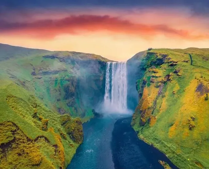 Framed Print : Aerial landscape photography. Spectacular summer view from flying drone of Skogafoss Waterfall Framed Print : Aerial landscape photography. Spectacular summer view from flying drone of Skogafoss Waterfall