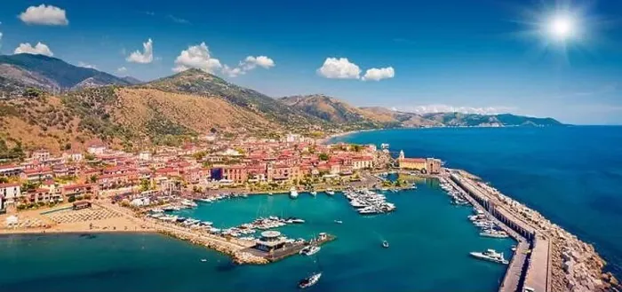 Framed Print : Aerial landscape photography. Splendid summer view from flying drone of Acciaroli port Framed Print : Aerial landscape photography. Splendid summer view from flying drone of Acciaroli port