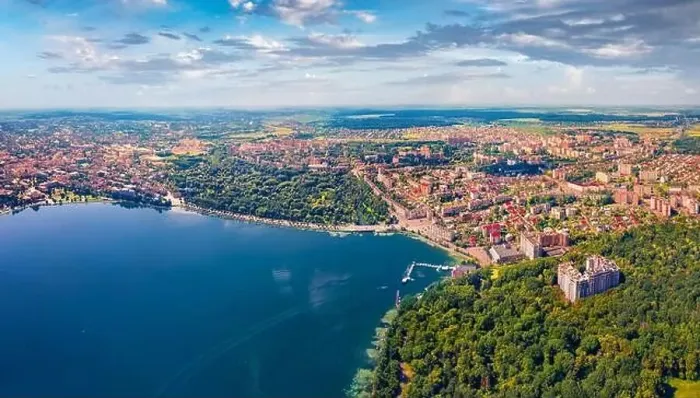 Framed Print : Aerial landscape photography. Splendid summer view of Ternopil town Framed Print : Aerial landscape photography. Splendid summer view of Ternopil town