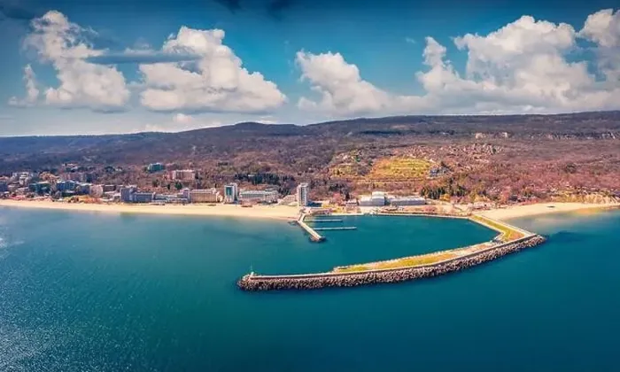 Framed Print : Aerial landscape photography. Sunny spring view from flying drone of Golden Sands port Framed Print : Aerial landscape photography. Sunny spring view from flying drone of Golden Sands port