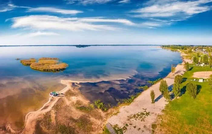 Framed Print : Aerial landscape photography. Sunny summer view from flying drone of Svityaz Lake Framed Print : Aerial landscape photography. Sunny summer view from flying drone of Svityaz Lake